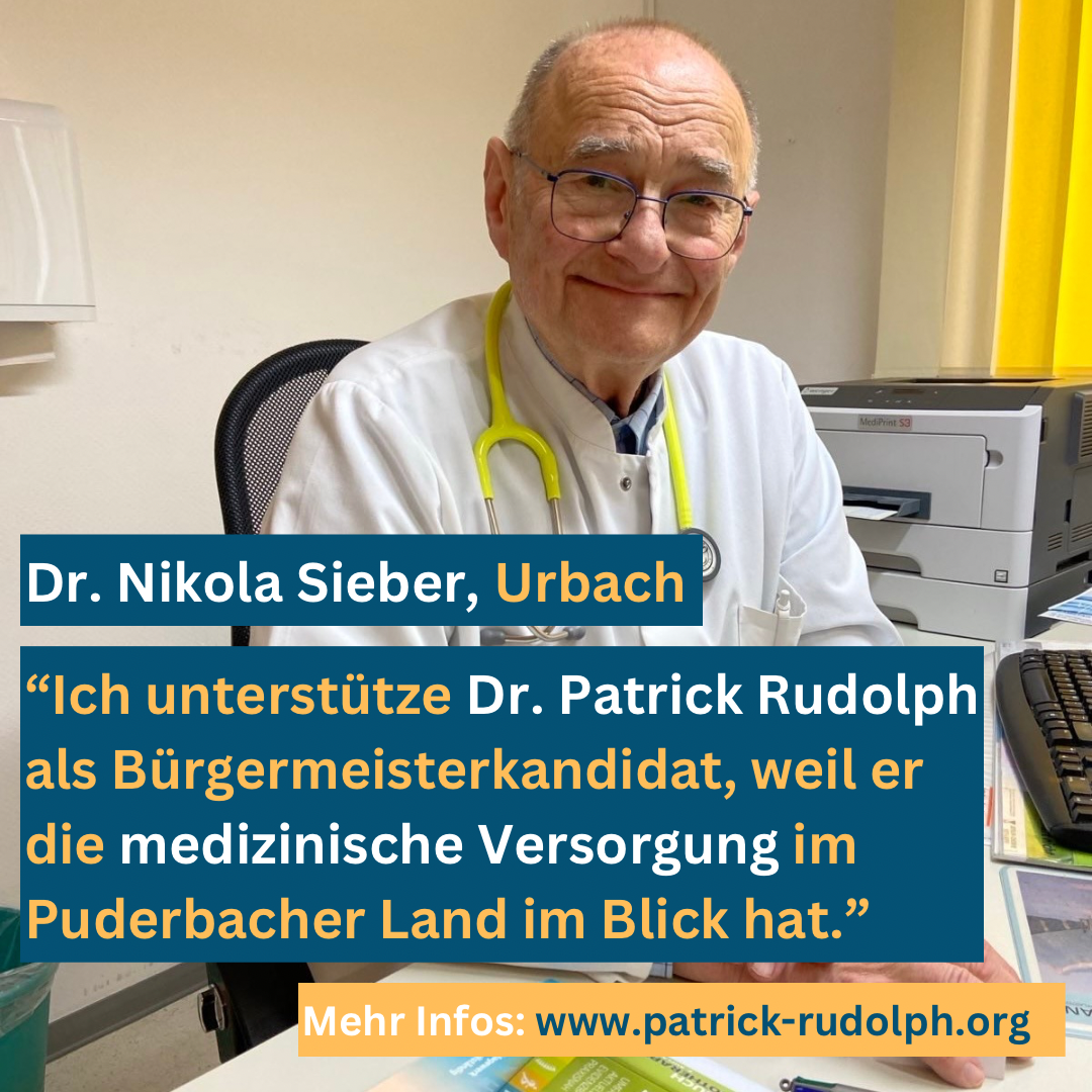 Dr. Nikola Sieber mit Brille und Stethoskop, unterstützt Dr. Patrick Rudolph als Bürgermeisterkandidat.