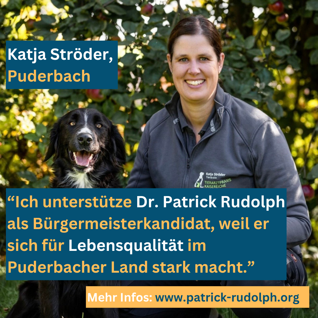 Katja Ströder mit Hund, unterstützt Dr. Patrick Rudolph als Bürgermeisterkandidat.