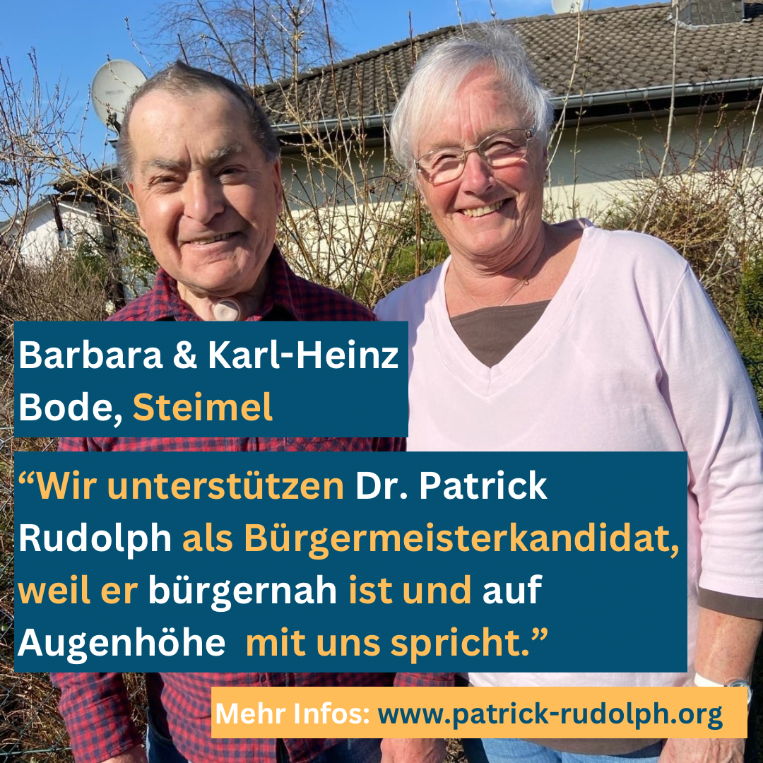 Barbara und Karl-Heinz Bode stehen im Freien und unterstützen Dr. Patrick Rudolph als Bürgermeisterkandidat.